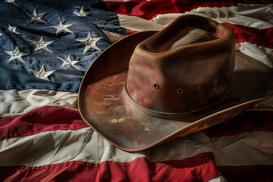 AI Image. Leather weathered Western cowboy hat on American flag