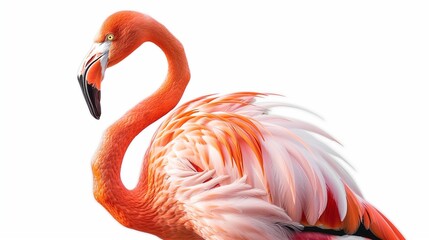 A vibrant flamingo with its characteristic pink plumage, standing tall and serene, isolated on solid white background.
