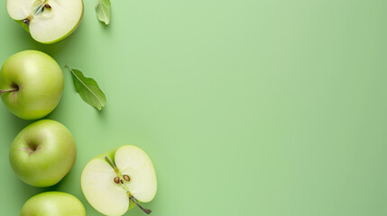 AI Image. Seasonal banner with fresh sliced apples on a green background with copy space