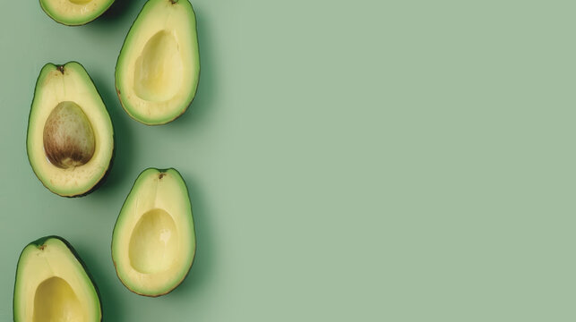 AI Image. Banner with fresh sliced avocado on a green background with copy space