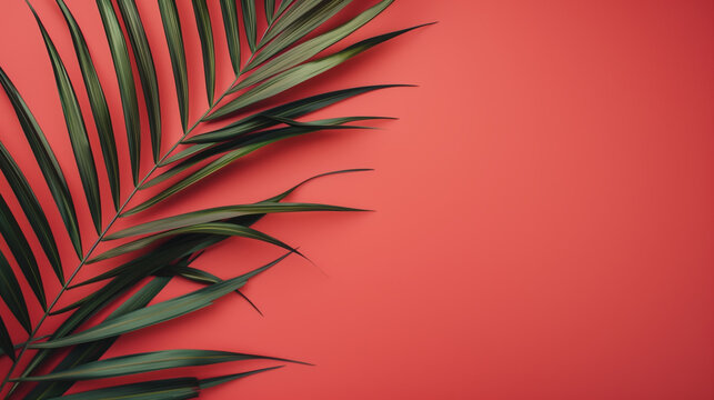 AI Image. Banner with palm leaf on a coral background with copy space