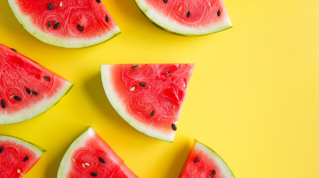 AI Image. Banner with fresh sliced watermelon on a yellow background with copy space