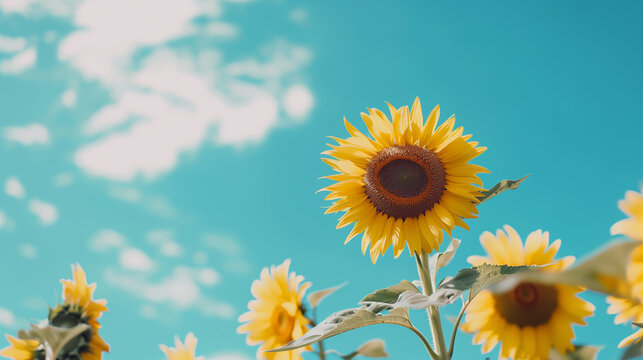 AI Image. Banner with sunflowers against blur sky with copy space