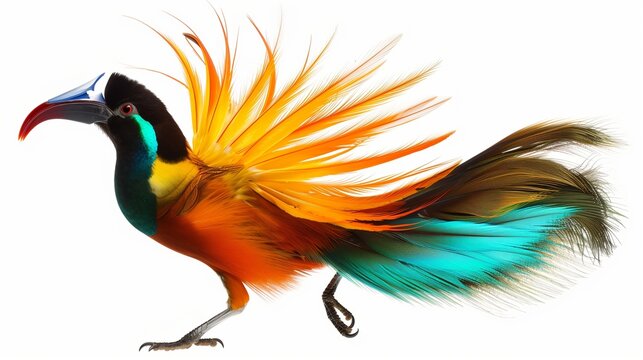 An exotic bird of paradise displaying its vibrant and intricate plumage, creating a visually stunning image, isolated on solid white background.