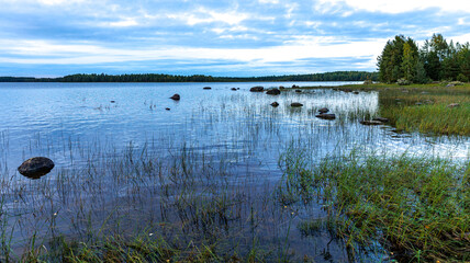 A serene lake nestled among greenery with a horizon view
