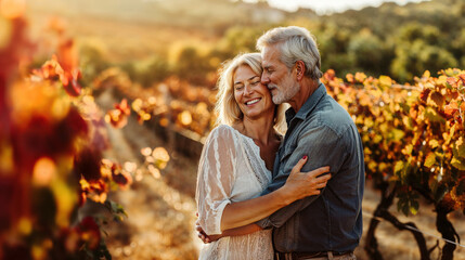 Romantic senior couple embracing in vineyard at sunset. Generative AI