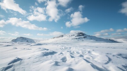 Snow in the mountain, blue sky with white clouds, powder snow