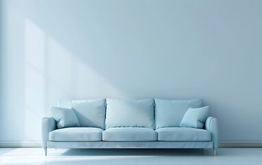 Fototapeta premium Modern interior design of living room with light blue sofa and copy space wall mock up