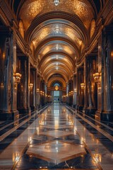 Obraz premium Agrand architectural hallway adorned with intricate details and luxurious finishes. The arched ceiling is richly decorated with golden hues and elaborate designs.