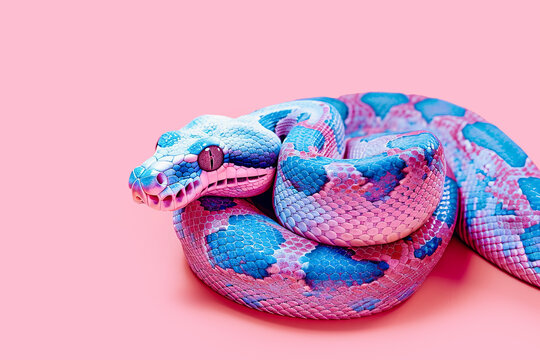 Vibrantly colored snake on a pink background. Generative AI image