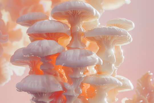 Surreal cluster of glowing mushrooms in a mystical setting. Generative AI image