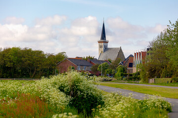 Spring landscape, Countryside road with wildflower and green grass, A little town on the wadden islands, Den Hoorn is small village and church (Hervormde kerk) Texel island, Noord Holland, Netherlands