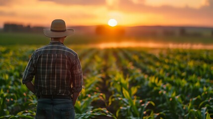 Fototapeta premium Farmer standing in a lush green field at sunset, representing agriculture, hard work, and rural life. Perfect for content related to farming, sustainability, and nature with copy space.