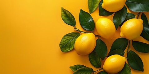 Fresh lemons with green leaves on a vibrant yellow background, perfect for food photography, healthy eating, and summer-themed designs. Ideal for promoting freshness and natural ingredients 