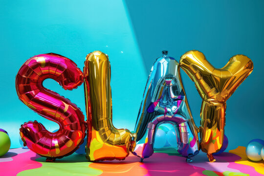   slay  spelled in bold foil balloons with a playful mix of colors on a dynamic background