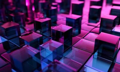 Fototapeta premium Abstract Geometric 3D Cubes with Neon Lights - Generative AI