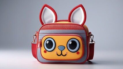 A cute, cartoonish bag with a rabbit face on it. The bag is yellow and red and has a cute smiley face