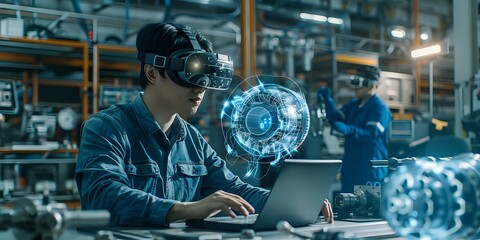 Engineer using augmented reality (AR) technology in an industrial setting, perfect for tech blogs, engineering articles, and innovation-themed projects.