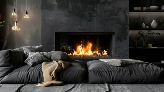 Grey daybed sofa against fireplace. Rustic scandinavian home interior design of modern living room, Seamless looping time-lapse virtual 4k video animation background