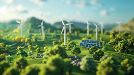 A detailed model showcasing a wind farm in operation, with turbines spinning in the background, and a solar panel placed in the foreground.