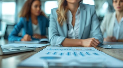 Business Meeting Focus, Women in a meeting with documents on the table, Corporate strategy