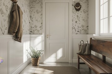 Scandinavian hallway with mock up in white and dark tones. Coat rack with wooden bench. Glass, wallpaper, and the front door of a farmhouse. Generative Ai