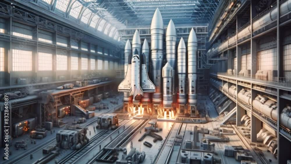 Aufkleber a space shuttle being assembled in a large industrial factory setting, showcasing the process of bui