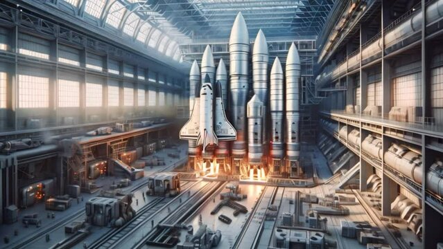 A space shuttle being assembled in a large industrial factory setting, showcasing the process of building advanced aerospace technology.