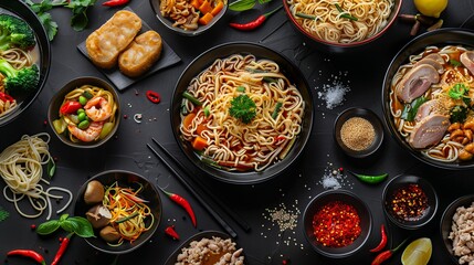 Noodles and pasta on a black table, with various Asian dishes arranged around. Delicious hot soups...