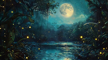 Fototapeta premium Lush Jungle at Night with Starry Sky and Glowing Moonlight in the Wilderness