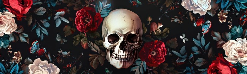 Vintage floral seamless wallpaper with skulls, peonies, butterflies. Dark botanical background. Repeating pattern for design of fabric, paper, wallpaper, canvas. Hand drawn 3d illustration