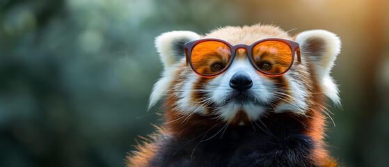 Red Panda (Ailurus) with really cool sunglasses, green background