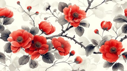 Ornament elements, vintage red floral pattern on white background.