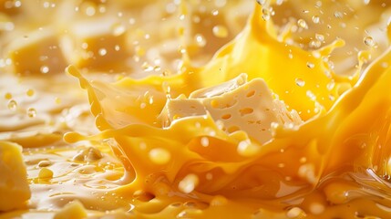 Melted cheddar cheese sauce drizzling and splashing mid-air.