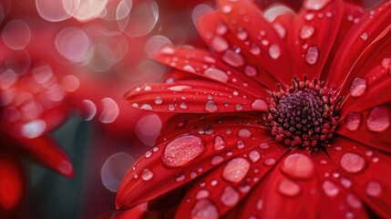 Close up Photography of Water Droplets on Flower Petals with Dew and Raindrops on a Red Flower Against a Blurred Background - Powered by Adobe