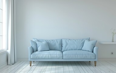 Fototapeta premium Modern interior design of living room with light blue sofa and white wall background, in the style of light blue sofa and white wall background