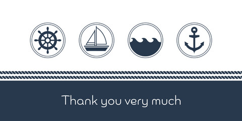 Thank you very much - Schriftzug in englischer Sprache - Vielen Dank. Maritime Karte mit Anker, Segelboot, Steuerrad und Wellen. © Artlanes