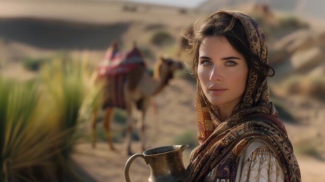 Mulher da b&iacute;blia, Rebeca esposa de Isaque dando agua aos camelos, hist&oacute;ria do antigo testamento