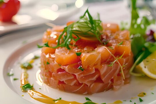 Tuna Tartar, Tatar or Tar-Tar, Chopped Red Fish Fillet, Vegetables and Greens on White Restaurant Plate, Delicious Healthy Raw Fish Generative AI Illustration