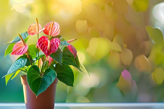 Anthurium (tailflower, flamingo flower, laceleaf) in Flowerpot Closeup, Anthurium Macro House Plant in Flowerpot on Blurred Background, Copy Space, Generative AI Illustration