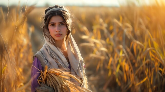 Rute, mulher da b&iacute;blia, colhendo espigas de trigo nos campos de Bo&aacute;s; Ruth, a woman from the Bible, harvesting ears of wheat in the fields of Boaz