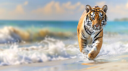 Fototapeta premium A Bengal tiger strides through ocean surf, gazing intently forward.