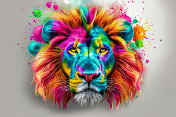 Colorful lion portrait with paint splashes.