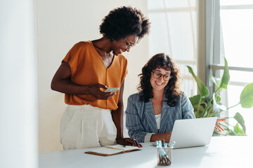 Two professional women collaborating happily over laptop in modern office