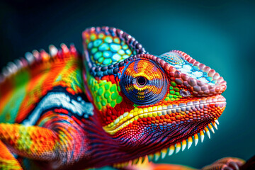 A colorful chameleon with a vibrant pattern.