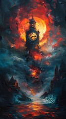 Fantasy clock tower in a fiery, apocalyptic landscape. Fantasy and surreal art concept.
