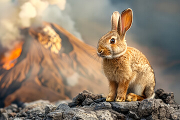 Fototapeta premium Rabbit on rocks, volcano erupting in background.