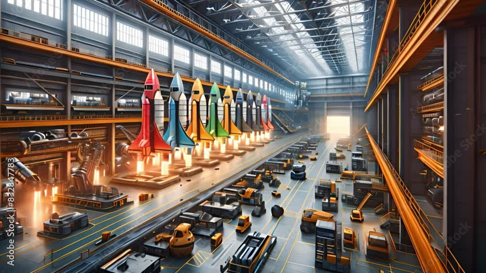Poster several vibrant rockets are lined up and being readied for launch inside a spacious, high-tech indus