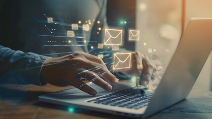 Businessman using laptop computer sending email.