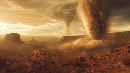 dramatic landscape with tornado in desert area